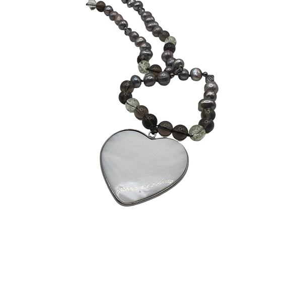 Paua Abalone Shell Mosaic Heart Neck Pendant Fresh Water pearls Mala Necklace - Picture 4 of 5